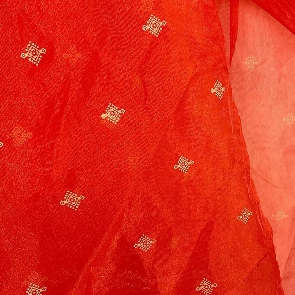 Orange Sheer Saree Fabric With Embroidered Gold Trim - Picture 6 of 8